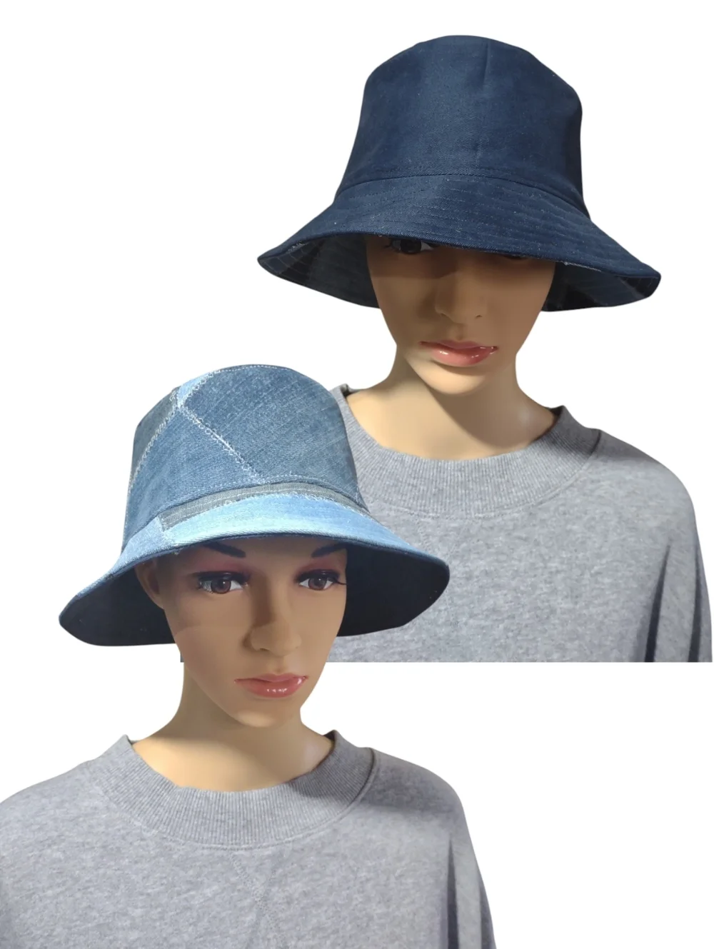 Handmade Upcycled Reversible Patchwork Denim & Navy Bucket Hat - Picture 1 of 12